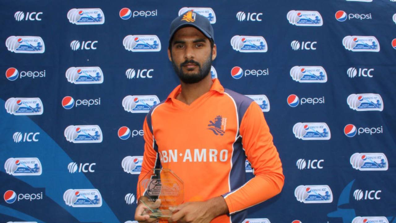 Ahsan Malik was named Man of the Match for his five-for, Netherlands v Uganda, ICC World Cricket League Division Two, Windhoek, January 23, 2015