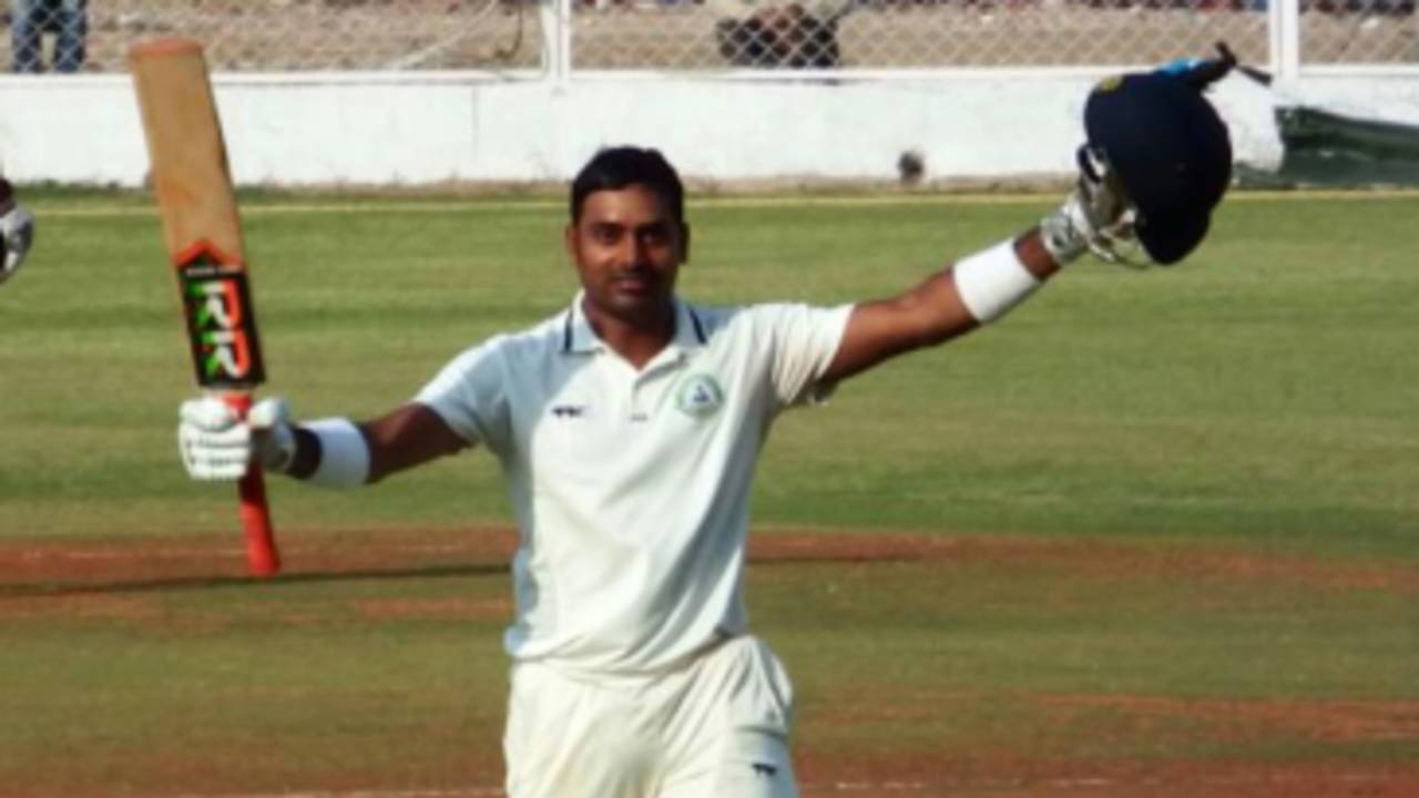 Shalabh Shrivastava celebrates his century, Gujarat v Vidarbha, Ranji Trophy, Group B, Surat, 4th day, January 24, 2015