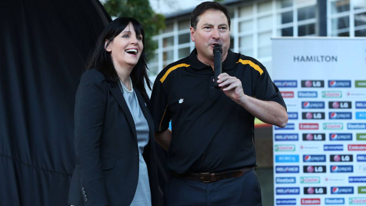 Hamilton mayor Julie Hardaker with former cricketer Ken Rutherford at a World Cup event, Hamilton, February 13, 2014
