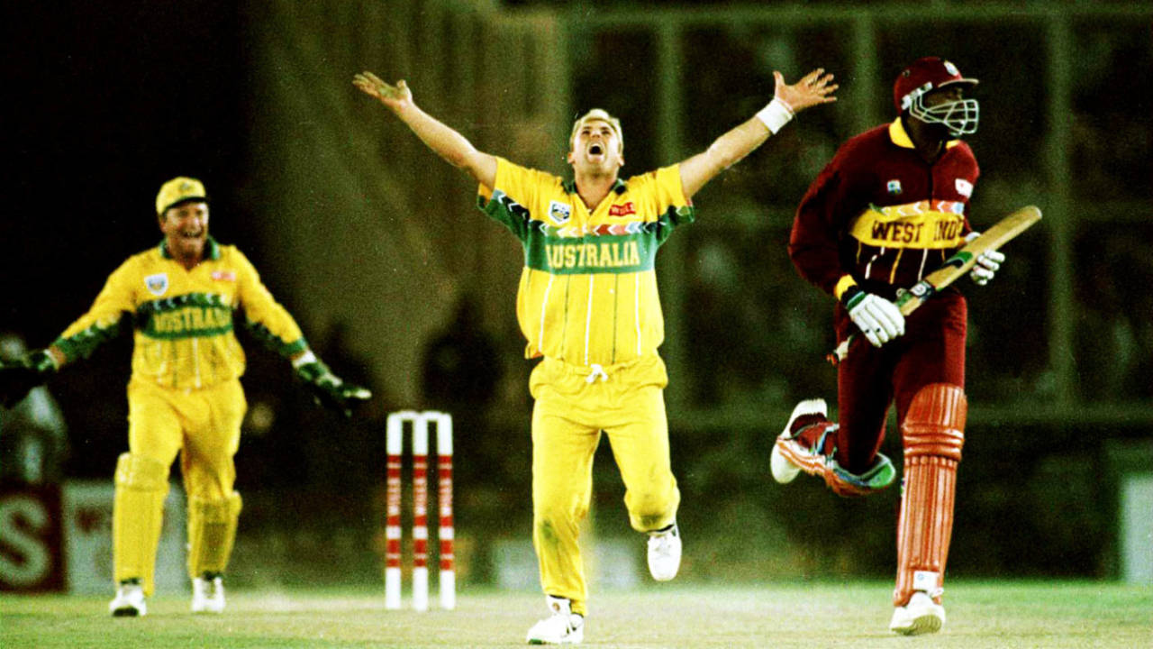 Shane Warne celebrates the wicket of Ian Bishop, Australia v West Indies, 2nd semi-final, World Cup, Mohali, March 14, 1996