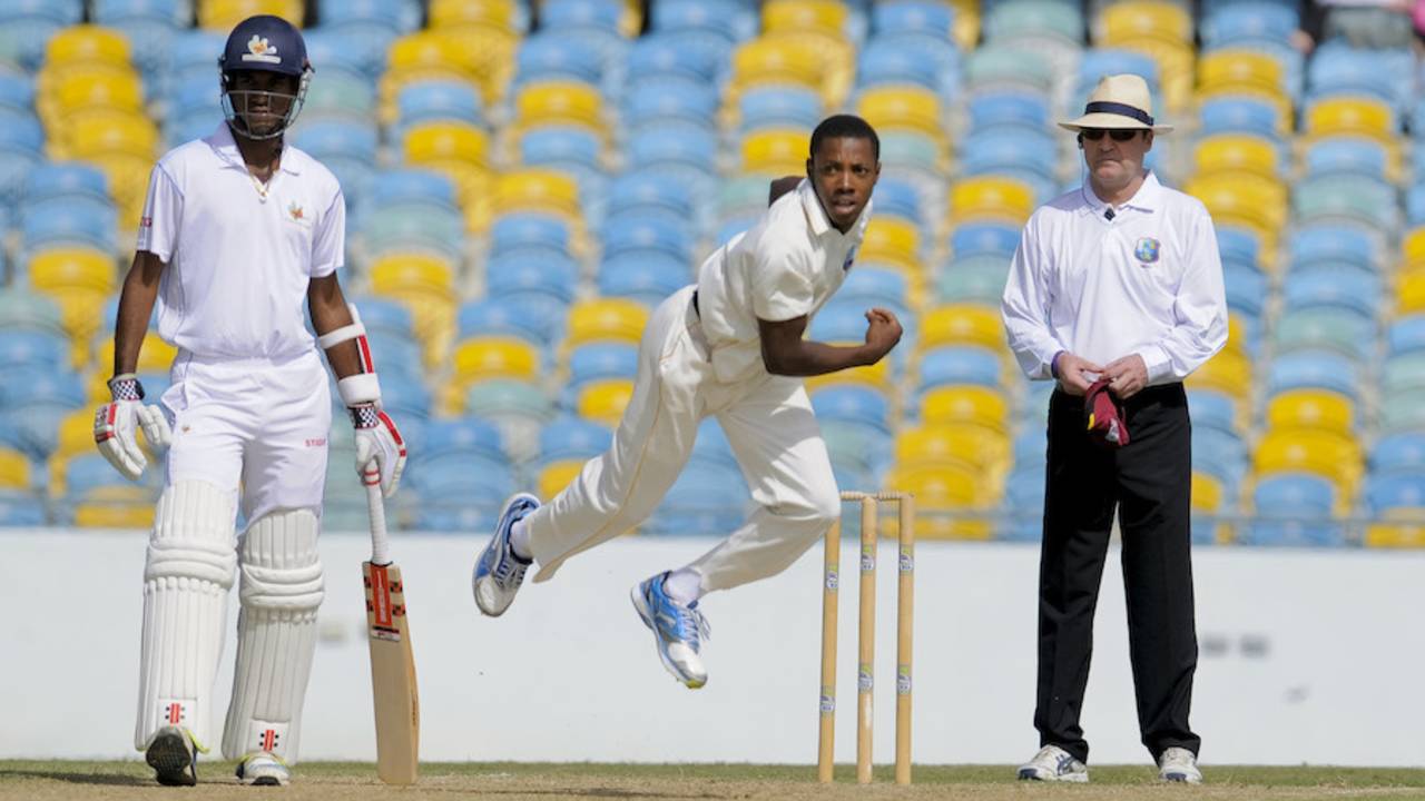 Orlando Peters dismissed Kirk Edwards for 5, Barbados v Leeward Islands, Regional 4 Day Tournament 2014-15, 1st day, Bridgetown, February 6, 2015