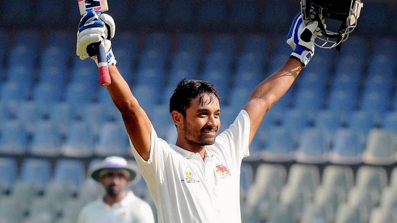 Nikhil Patil celebrates after scoring his maiden first-class ton, Mumbai v Karnataka, 2nd day,  Ranji Trophy, Group A, Mumbai