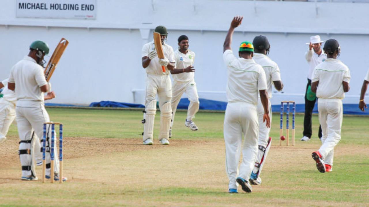 Carlton Baugh is trapped lbw by Veerasammy Permaul, Jamaica v Guyana, Regional 4 Day Tournament 2014-15, 3rd day, Kingston, February 8, 2015