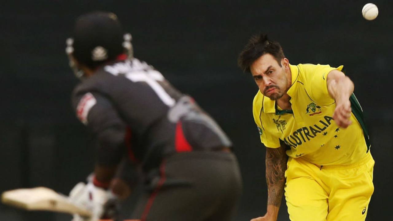 Mitchell Johnson bowls to Amjad Ali, Australia v UAE, World Cup warm-up, Melbourne, February 11, 2015