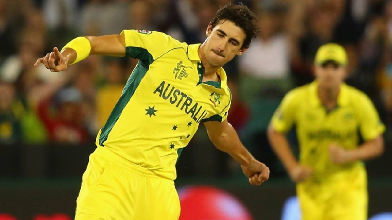 Mitchell Starc is gung ho after bowling Stuart Broad for a golden duck, Australia v England, Group A, World Cup 2015, Melbourne, February 14, 2015