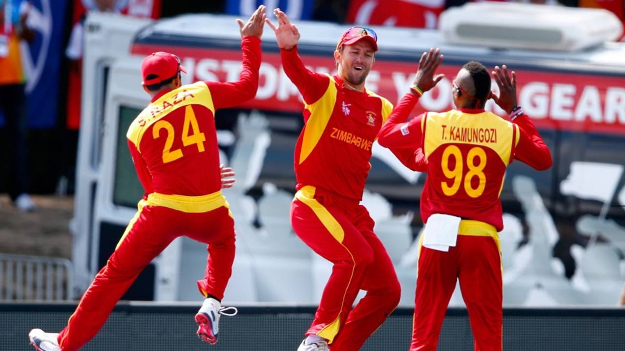 Craig Ervine celebrates after pulling off a hokey pokey catch to dismiss AB de Villiers, South Africa v Zimbabwe, World Cup 2015, Group B, Hamilton, February 15, 2015