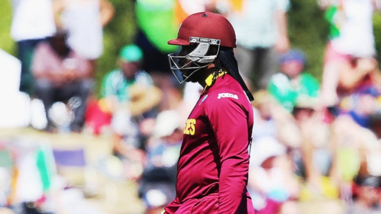 Chris Gayle walks back after being dismissed by George Dockrell, Ireland v West Indies, World Cup 2015, Group B, Nelson, February 16, 2015