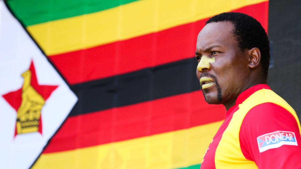 Hamilton Masakadza looks on with the Zimbabwe flag in the background, United Arab Emirates v Zimbabwe, World Cup 2015, Group B, Nelson, February 19, 2015