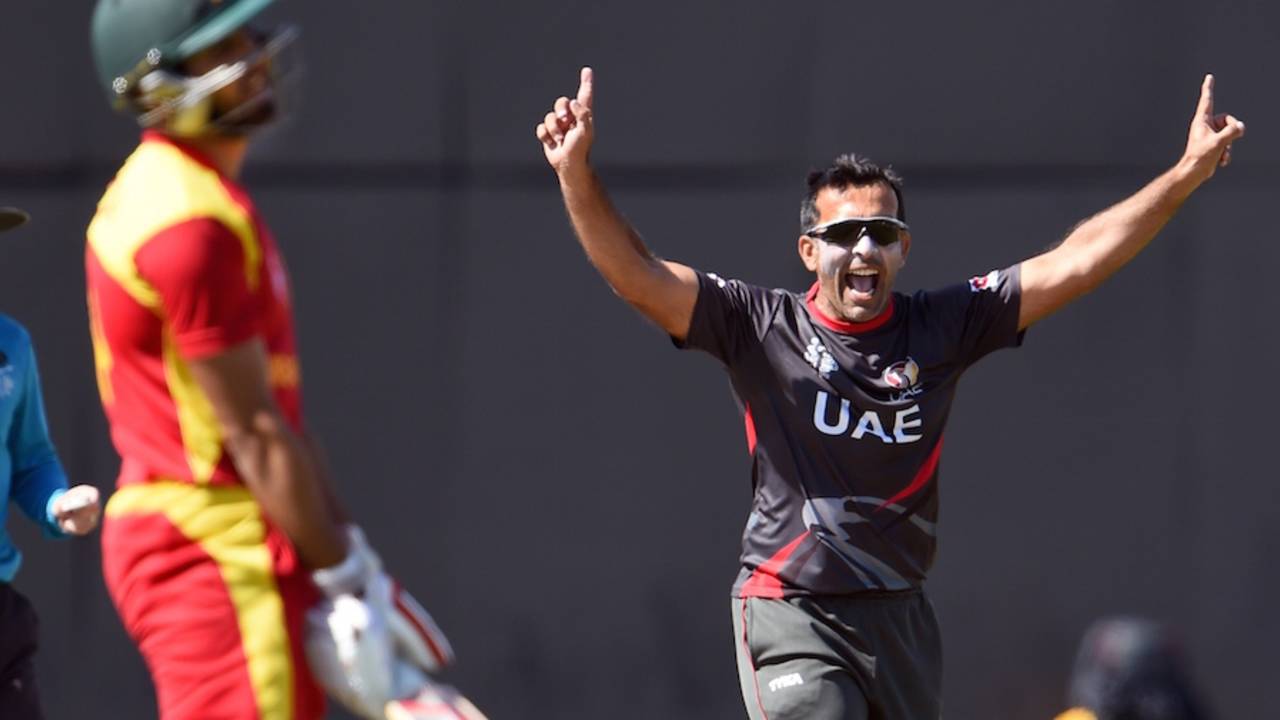 Mohammad Tauqir is delighted after dismissing Sikandar Raza, United Arab Emirates v Zimbabwe, World Cup 2015, Group B, Nelson, February 19, 2015