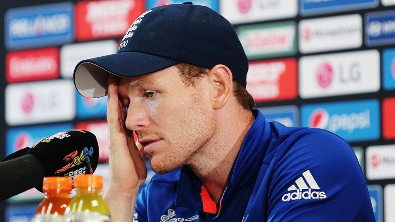 A dejected Eoin Morgan reflects on England's eight-wicket defeat against New Zealand, New Zealand v England, World Cup 2015, Group A, Wellington, February 20, 2015