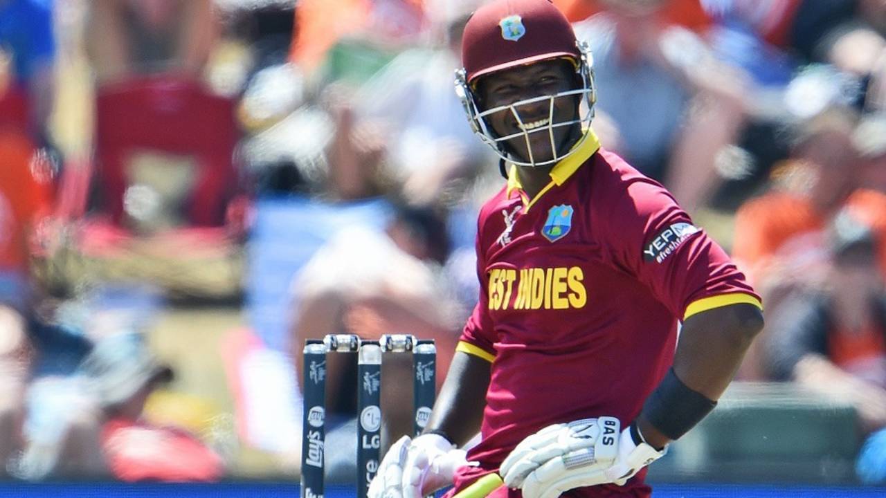 Darren Sammy sports a wry smile after evading a bouncer, Pakistan v West Indies, World Cup 2015, Group B, Christchurch, February 21, 2015