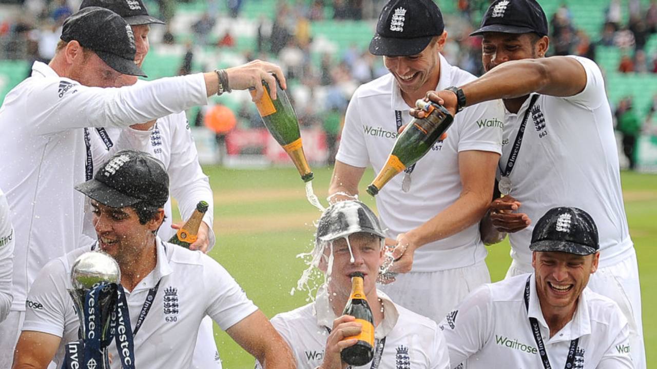 Sam Robson has champagne poured over him by his team-mates, England v India, 5th Investec Test, The Oval, 3rd day, August 17, 2014