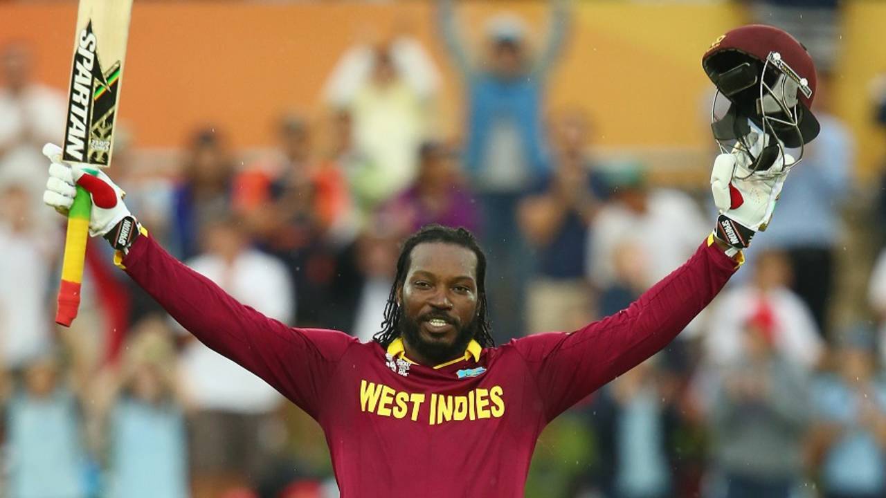 Fifth double-century fox: Chris Gayle soaks in the applause after surging to a double, West Indies v Zimbabwe, World Cup 2015, Group B, Canberra, February 24, 2015