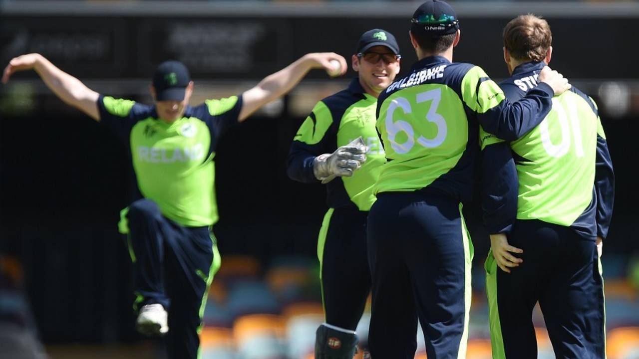 Ireland celebrate the wicket of Krishna Chandran, Ireland v UAE, World Cup 2015, Group B, Brisbane, February 25, 2015