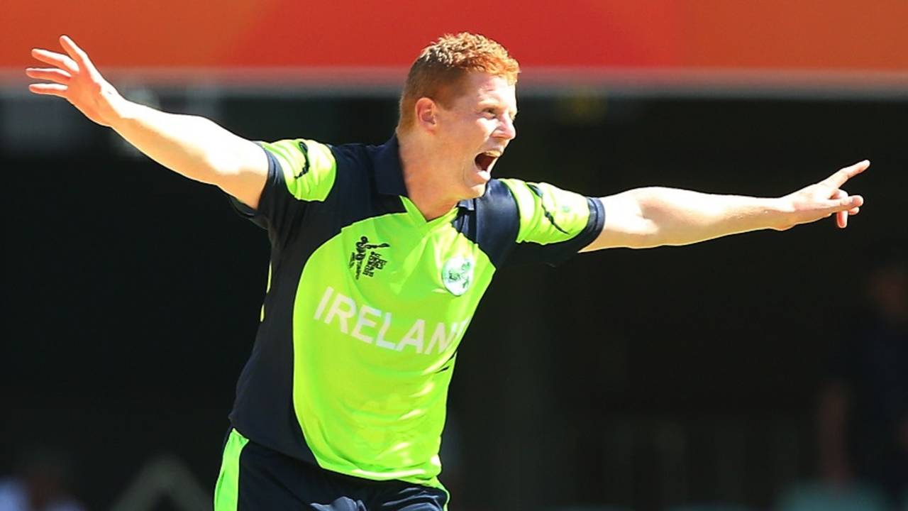 Kevin O'Brien exults after dismissing Amjad Ali, Ireland v UAE, World Cup 2015, Group B, Brisbane, February 25, 2015