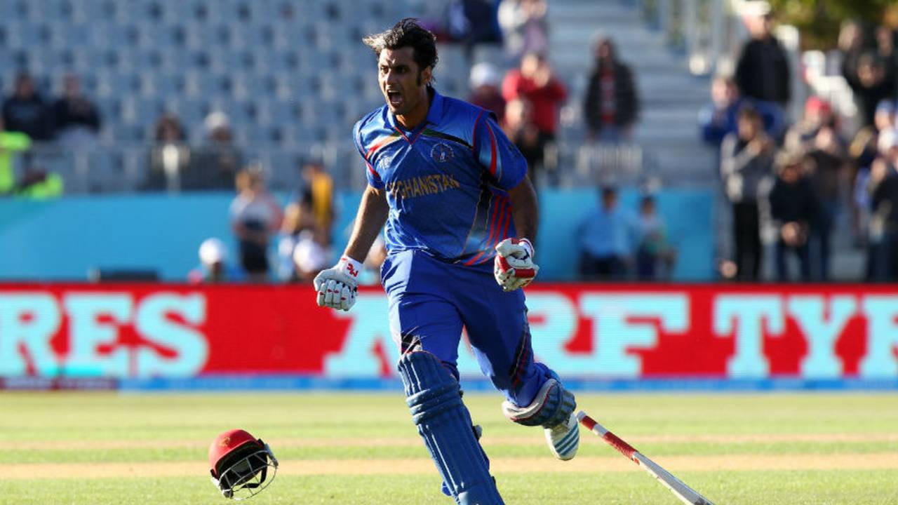 Shapoor Zadran reacts after hitting the winnings runs, Afghanistan v Scotland, World Cup 2015, Group A, Dunedin, February 26, 2015