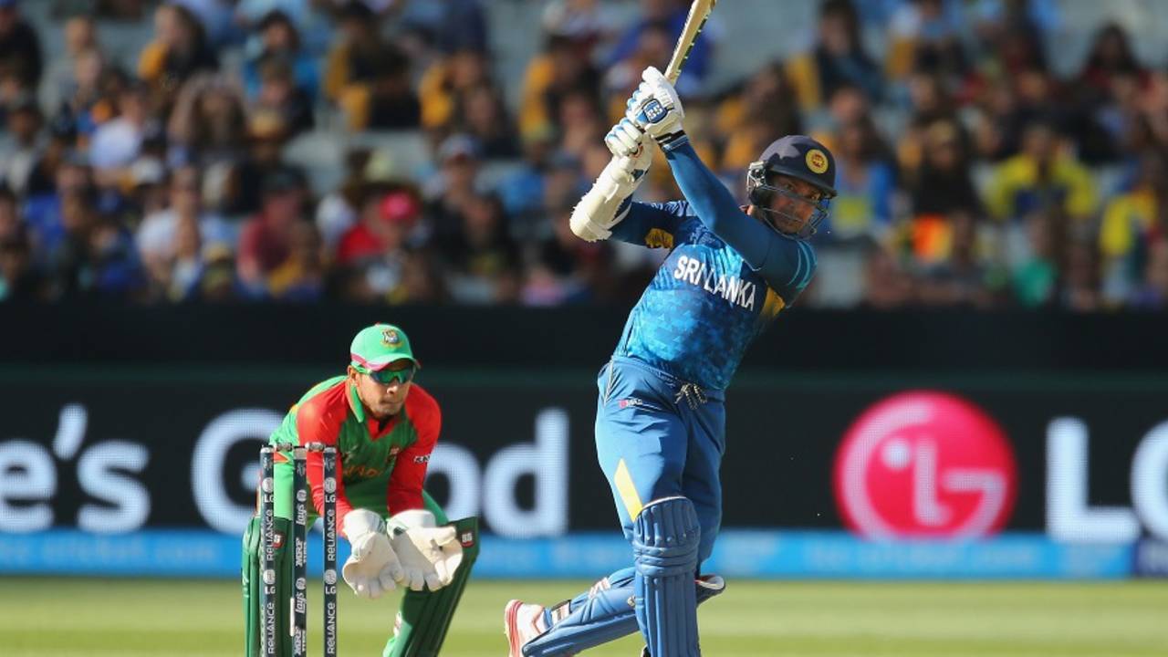 Kumar Sangakkara charges on the way to his fastest ODI hundred, Bangladesh v Sri Lanka, World Cup 2015, Group A, Melbourne, February 26, 2015