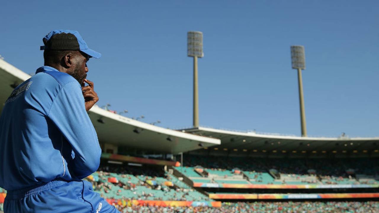 West Indies' bowling consultant Curtly Ambrose watches from the sidelines, South Africa v West Indies, World Cup 2015, Group B, Sydney, February 27, 2015