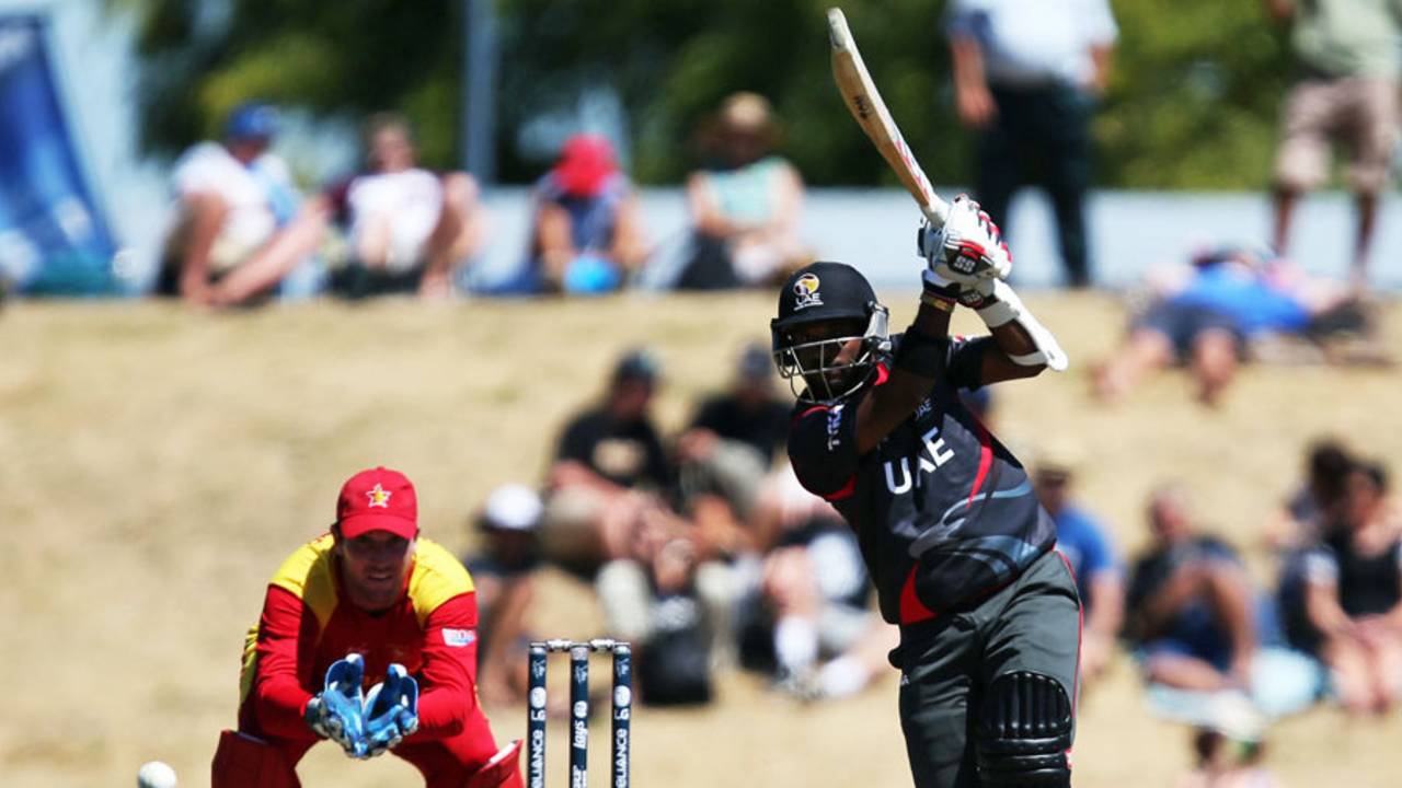 Swapnil Patil plays a shot through the off side, United Arab Emirates v Zimbabwe, World Cup 2015, Group B, Nelson, February 19, 2015