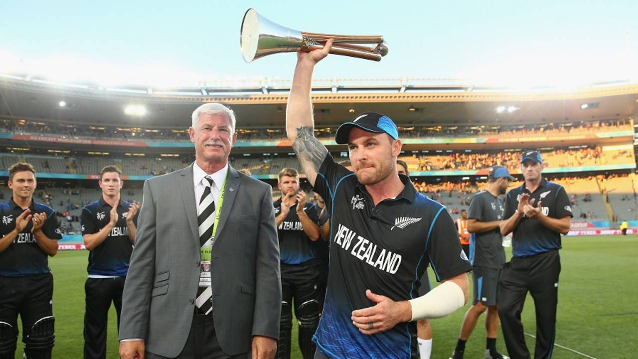 Brendon McCullum collects the Chappell-Hadlee Trophy, New Zealand v Australia, World Cup 2015, Group A, Auckland, February 28, 2015