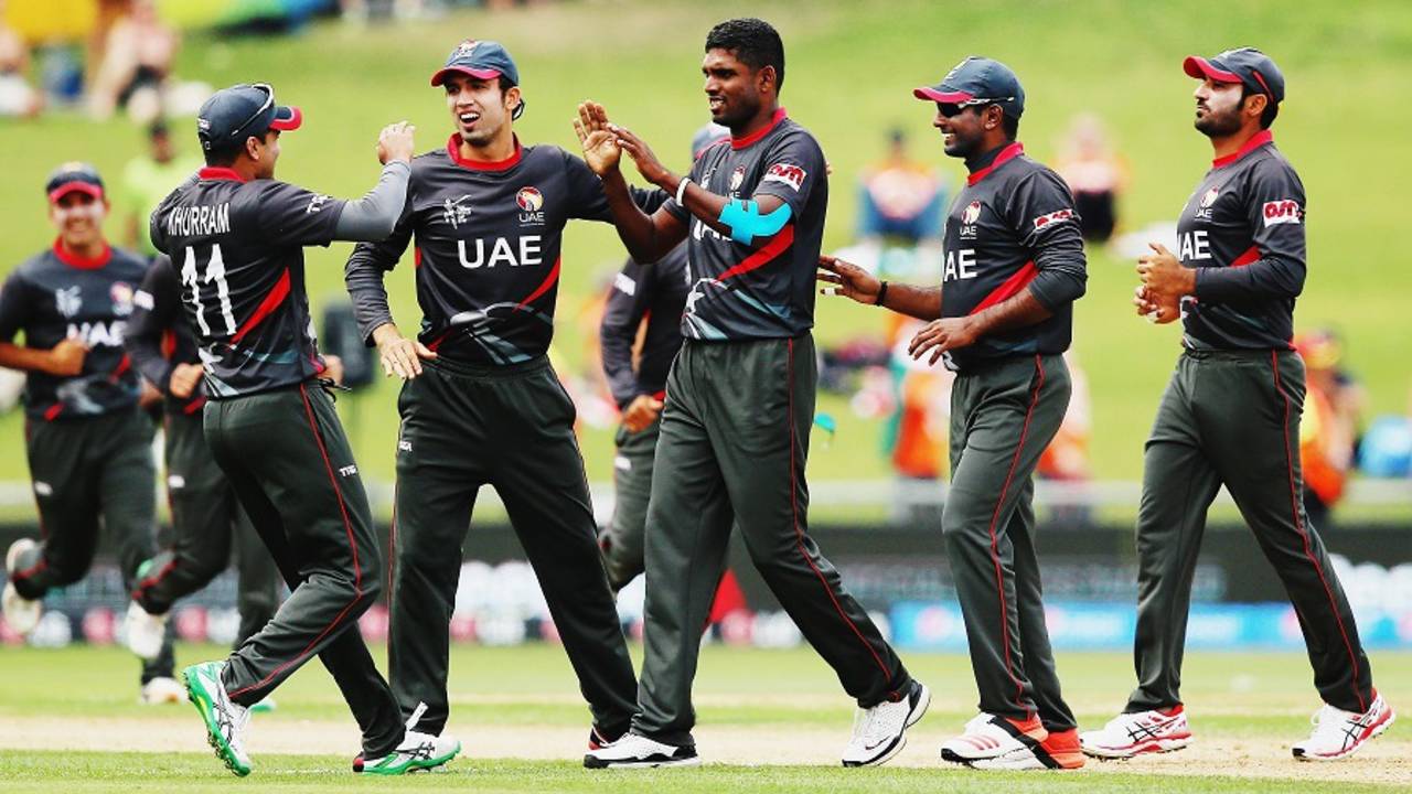 Manjula Guruge is mobbed after dismissing Nasir Jamshed, Pakistan v UAE, World Cup 2015, Group B, Napier, March 4, 2015