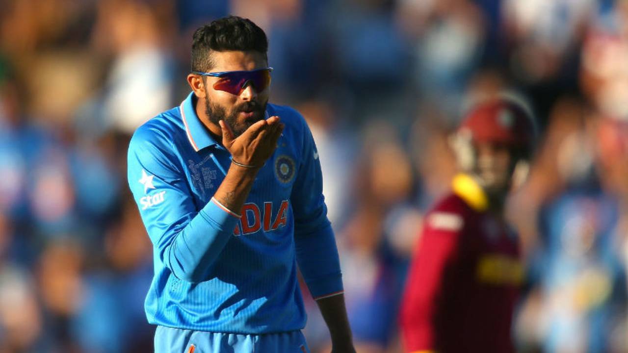 Ravindra Jadeja blows a kiss after he took the catch to dismiss Jason Holder, India v West Indies, World Cup 2015, Group B, Perth, March 6