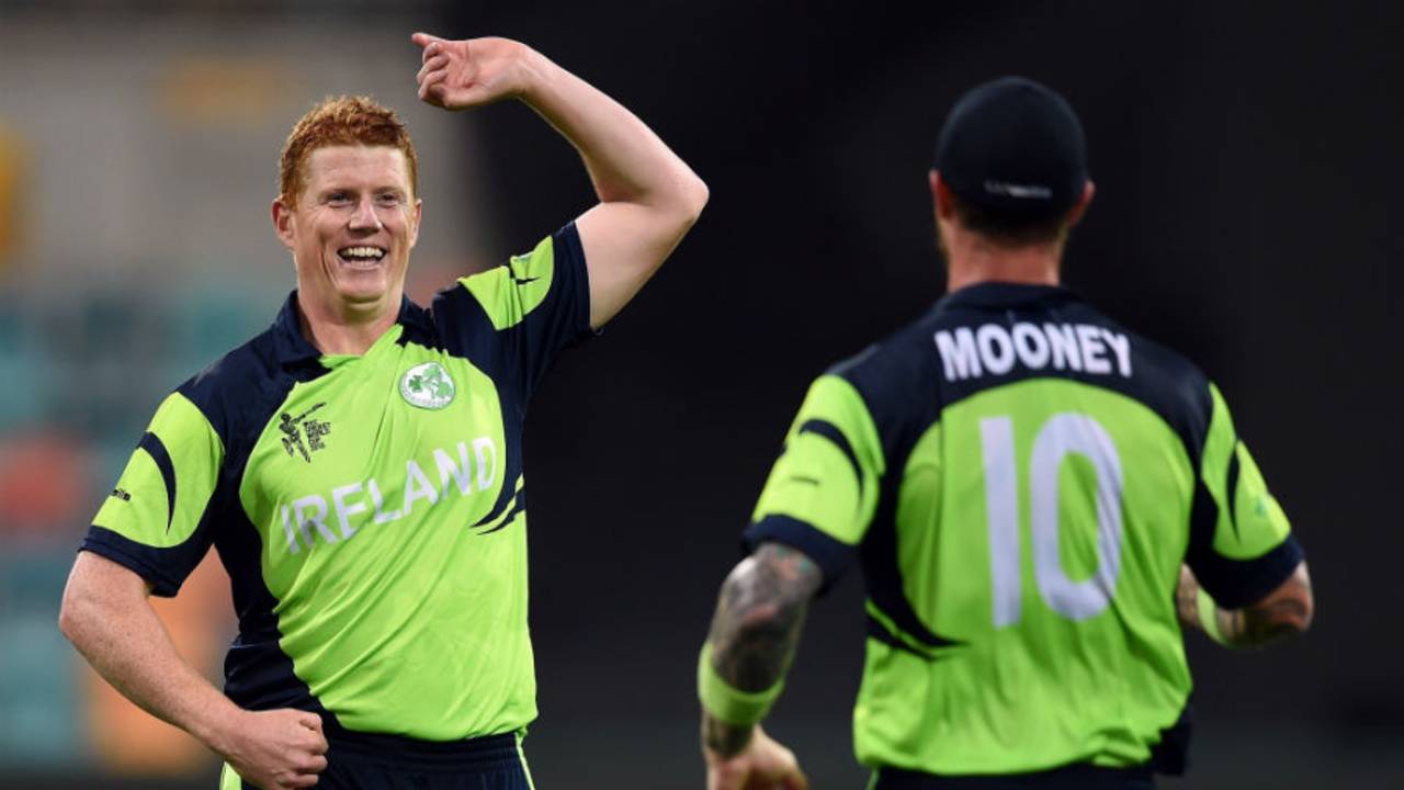 Kevin O'Brien brings out his funny side while celebrating a wicket, Ireland v Zimbabwe, World Cup 2015, Group B, Hobart, March 7, 2015
