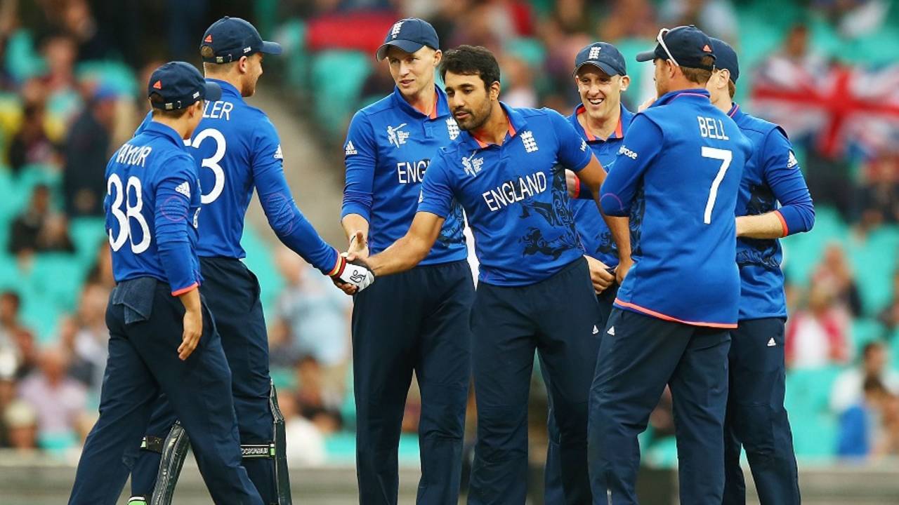 Ravi Bopara is congratulated on striking after the rain break, Afghanistan v England, World Cup 2015, Group A, Sydney, March 13, 2015