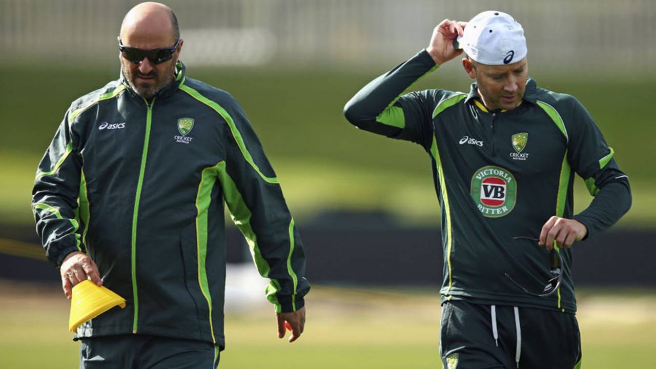 Michael Clarke and Alex Kountouris during Australia's training session, World Cup 2015, Hobart, March 13, 2015