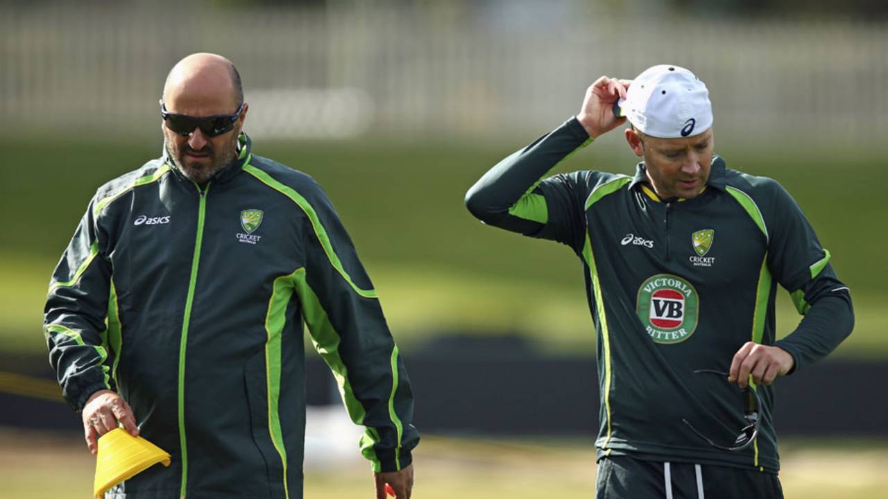Michael Clarke and Alex Kountouris during Australia's training session, World Cup 2015, Hobart, March 13, 2015