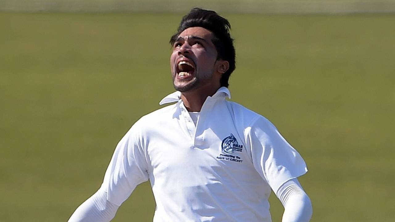 Mohammad Amir is pumped after taking a wicket after taking a wicket on his return to competitive cricket, Rawalpindi, March 13, 2015