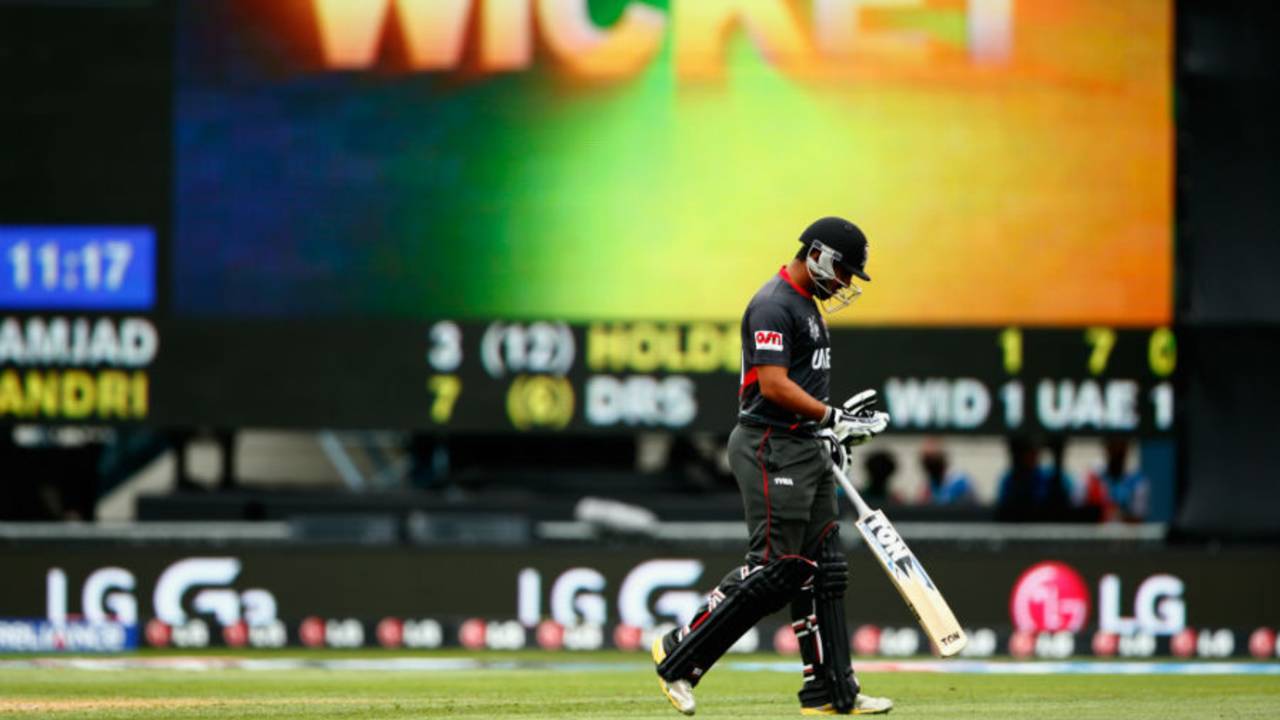 Andri Berenger walks off the field after losing his wicket, United Arab Emirates v West Indies, World Cup 2015, Group B, Napier, March 15, 2015
