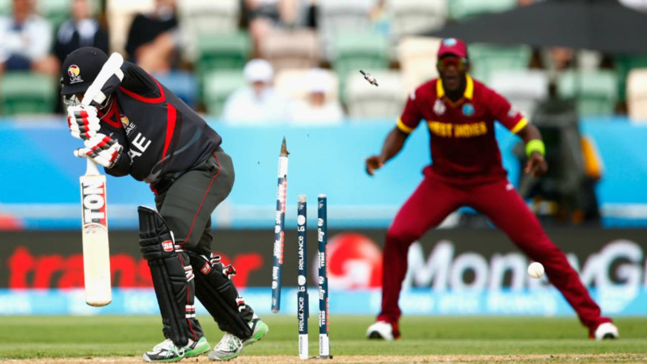 Swapnil Patil is undone by a Jason Holder delivery, United Arab Emirates v West Indies, World Cup 2015, Group B, Napier, March 15, 2015