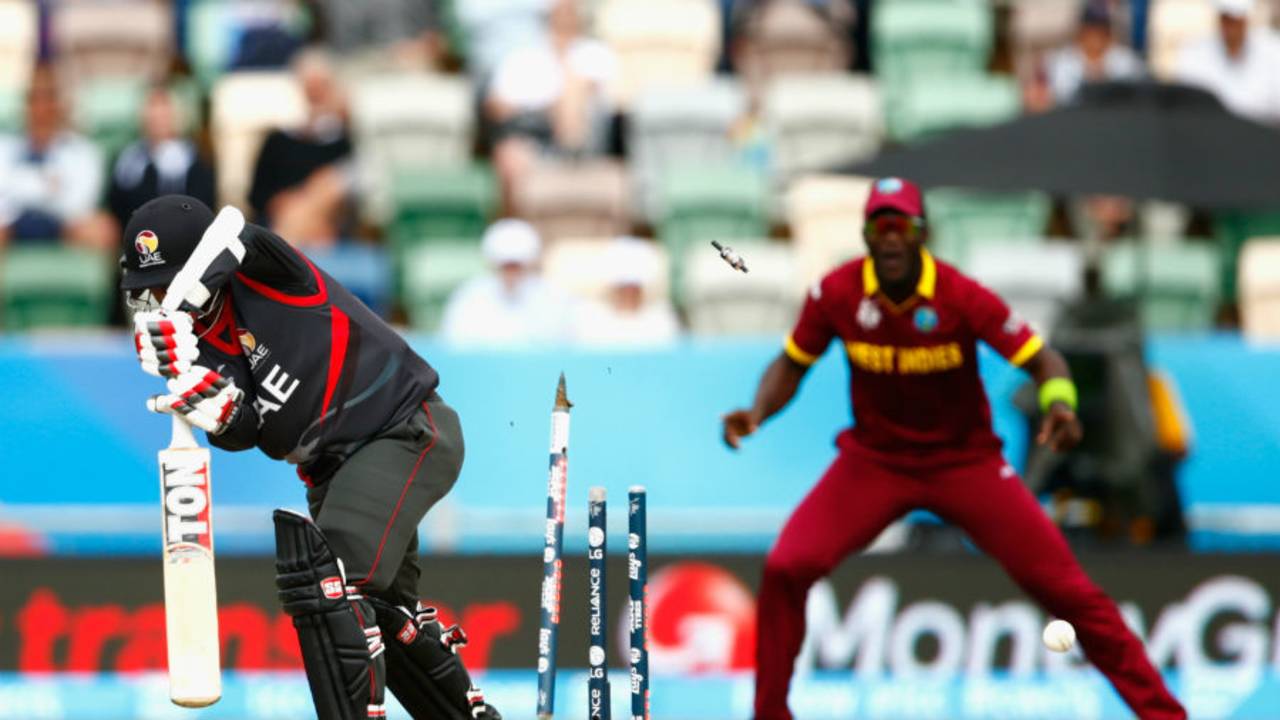 Swapnil Patil is undone by a Jason Holder delivery, United Arab Emirates v West Indies, World Cup 2015, Group B, Napier, March 15, 2015