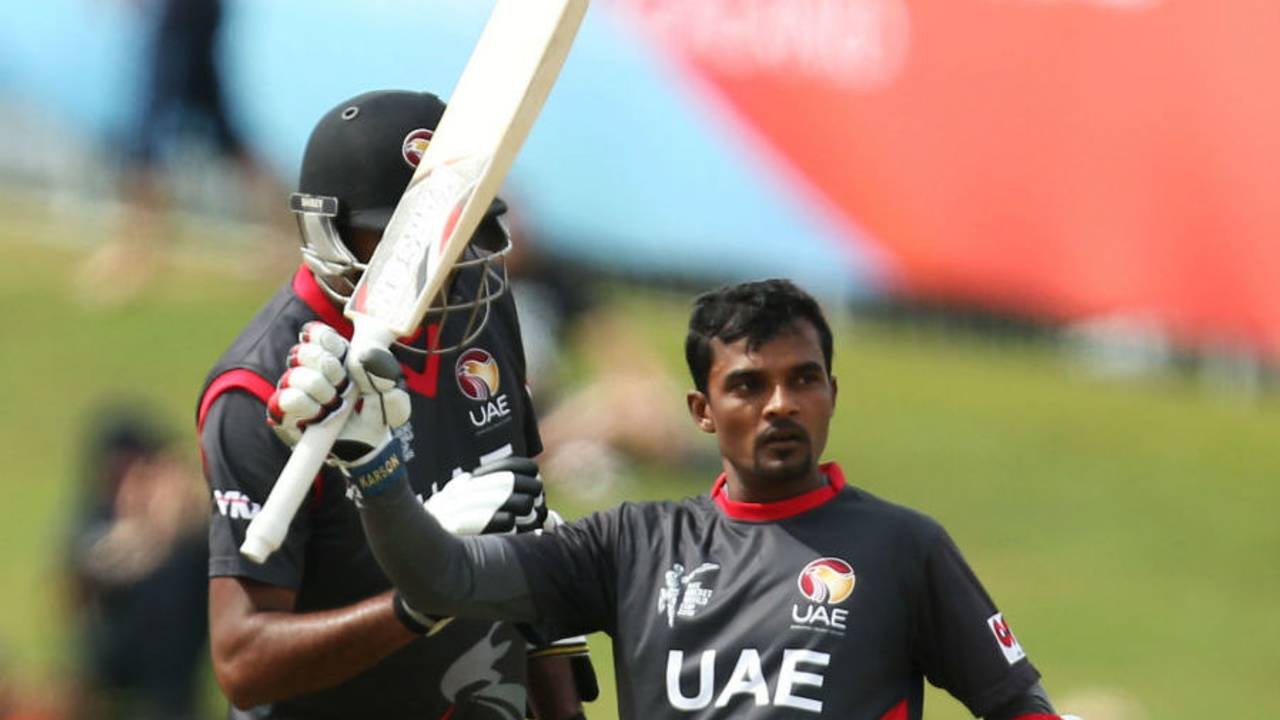 Nasir Aziz raises his bat after getting his maiden ODI fifty, United Arab Emirates v West Indies, World Cup 2015, Group B, Napier, March 15, 2015