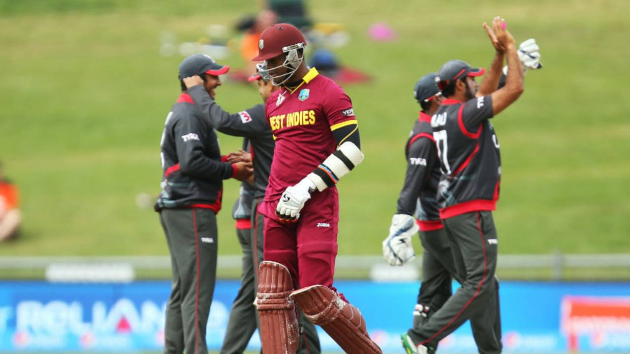 Marlon Samuels walks off after scoring 9 off 18 balls, United Arab Emirates v West Indies, World Cup 2015, Group B, Napier, March 15, 2015