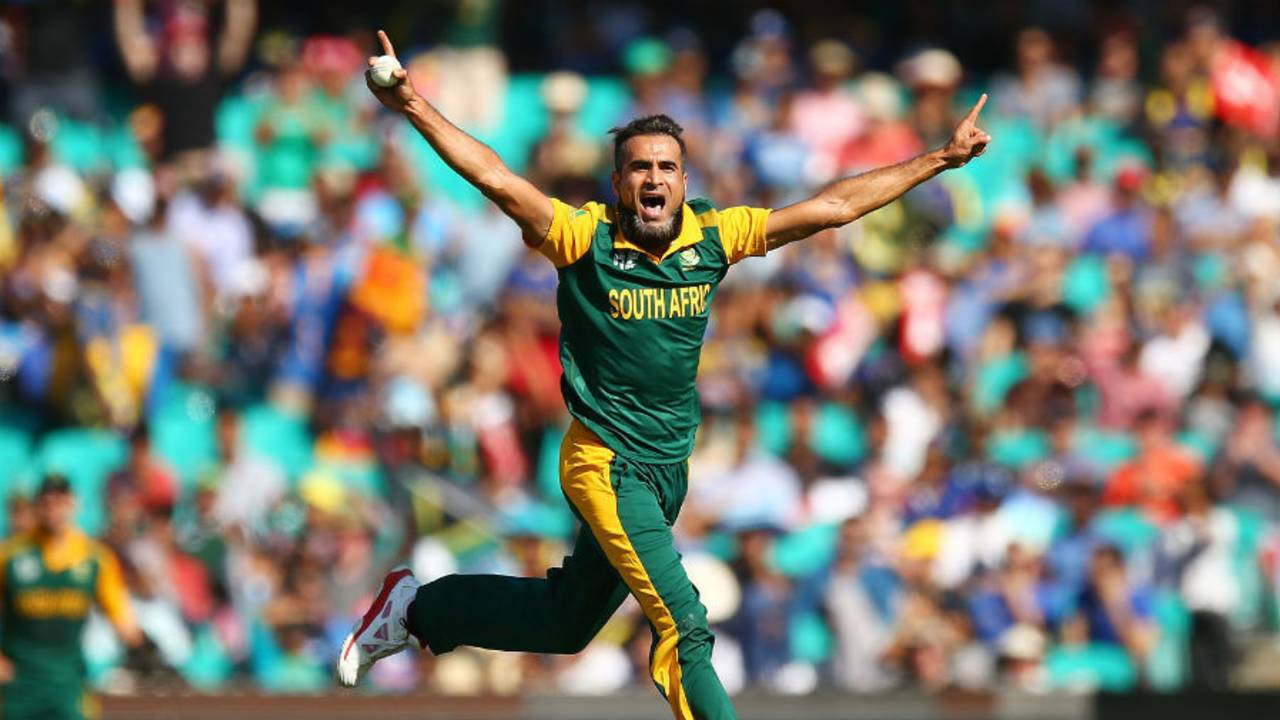 Imran Tahir is ecstatic after taking the wicket of Lahiru Thirimanne, South Africa v Sri Lanka, World Cup 2015, 1st quarter-final, Sydney, March 18, 2015