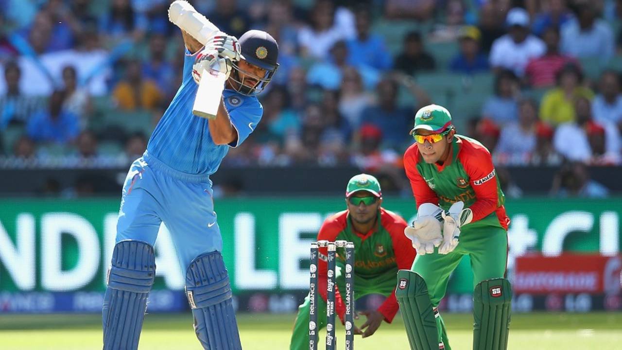 Shikhar Dhawan punches the ball off the back foot, Bangladesh v India, World Cup 2015, 2nd quarter-final, Melbourne, March 19, 2015 