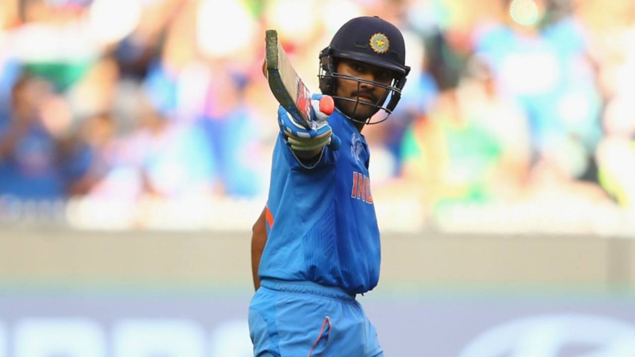 Rohit Sharma celebrates after completing his hundred, Bangladesh v India, World Cup 2015, 2nd quarter-final, Melbourne, March 19, 2015