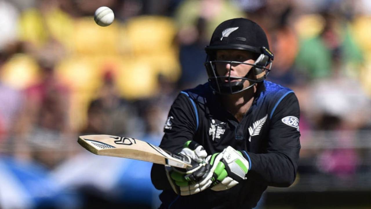Martin Guptill watches the ball come off his bat, New Zealand v West Indies, World Cup 2015, 4th quarter-final, Wellington, March 21, 2015 