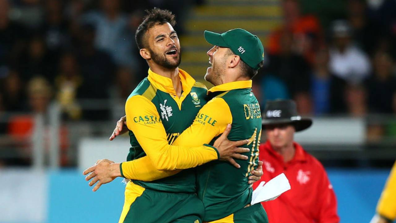 JP Duminy and Faf du Plessis celebrate a wicket , New Zealand v South Africa, World Cup 2015, 1st Semi-Final, Auckland, March 24, 2015