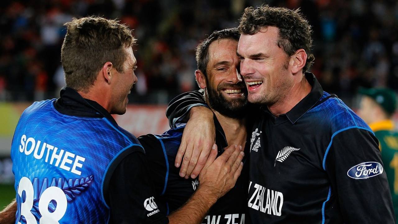 Grant Elliott, Kyle Mills and Tim Southee soak in the historic win, New Zealand v South Africa, World Cup 2015, 1st semi-final, Auckland, March 24, 2015