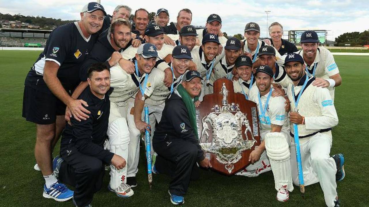 Victoria celebrate after winning the Sheffield Shield for 2014-15, Victoria v Western Australia, Hobart, Sheffield Shield final, 5th day, March 25, 2015