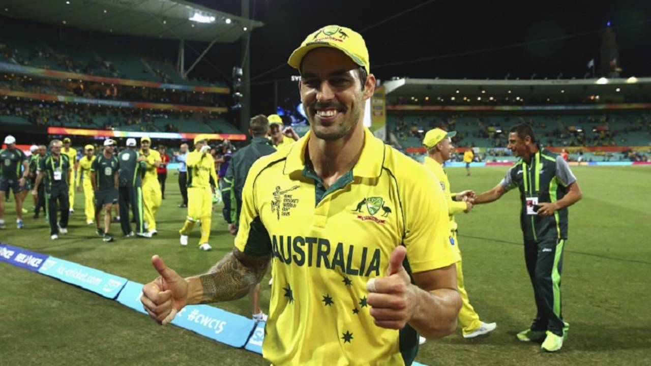 Mitchell Johnson gives a double thumbs up,  Australia v India, World Cup 2015, 2nd semi-final, Sydney, March 26, 2015