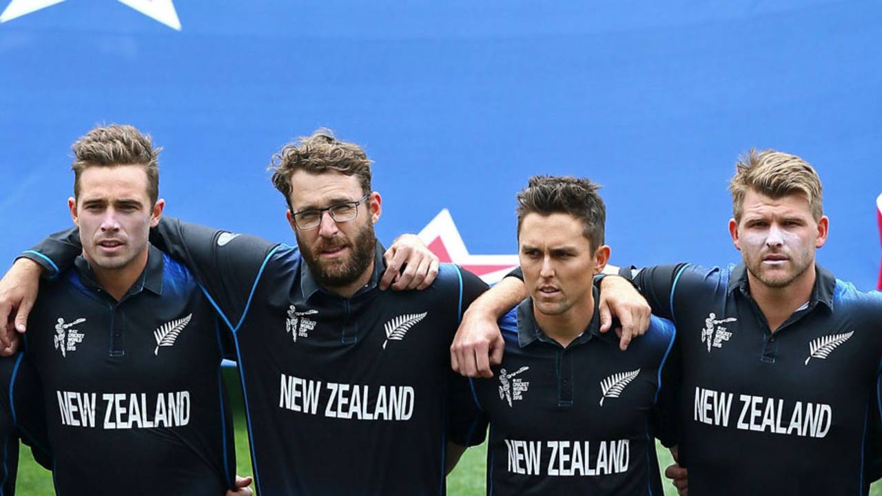 Tim Southee, Daniel Vettori, Trent Boult and Corey Anderson before the start of the game, New Zealand v South Africa, World Cup 2015, 1st Semi-Final, Auckland, March 24, 2015