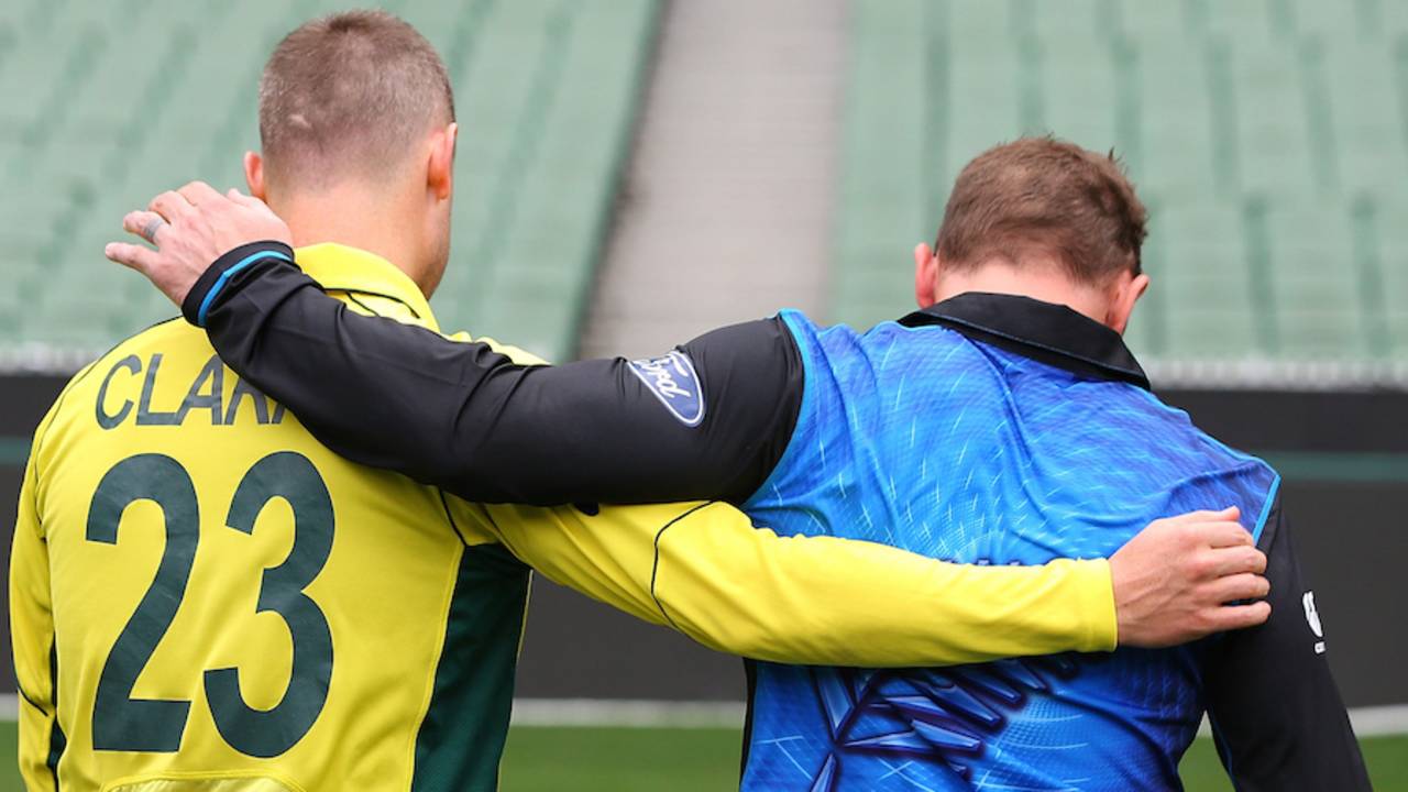 Michael Clarke and Brendon McCullum wish each other the best before the big final, World Cup 2015, Melbourne, March 28, 2015