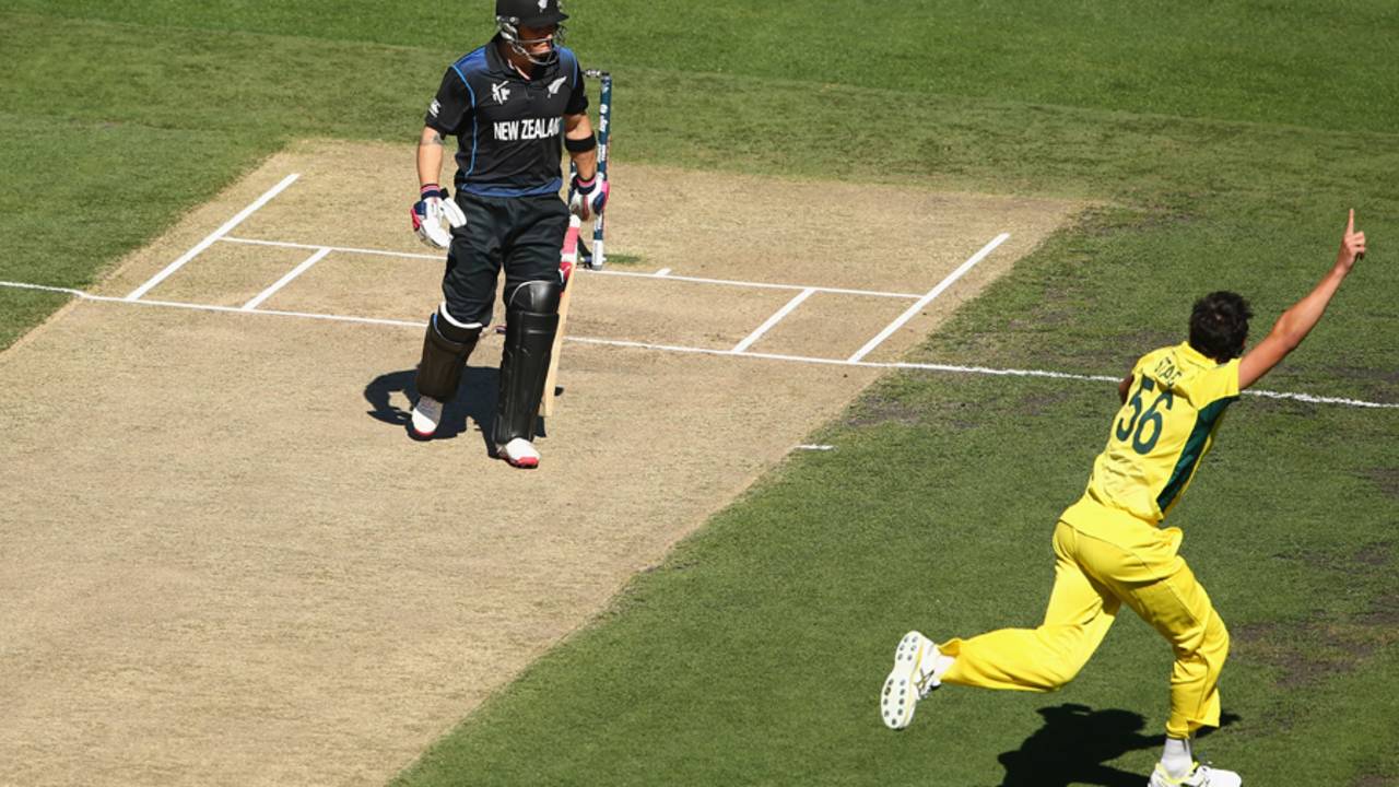 Mitchell Starc races away after bowling Brendon McCullum, Australia v New Zealand, World Cup 2015, final, Melbourne, March 29, 2015