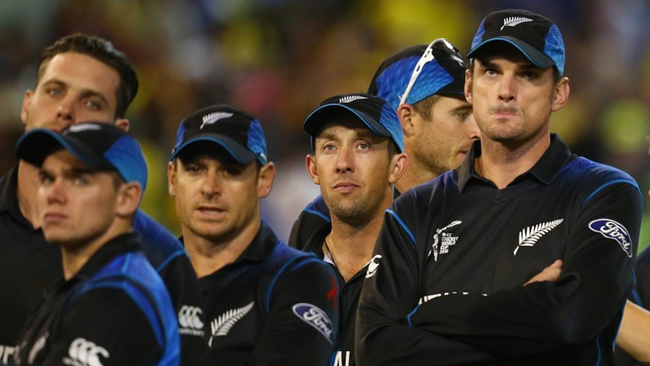Dejected New Zealand players look on during the presentation ceremony, Australia v New Zealand, World Cup 2015, final, Melbourne, March 29, 2015