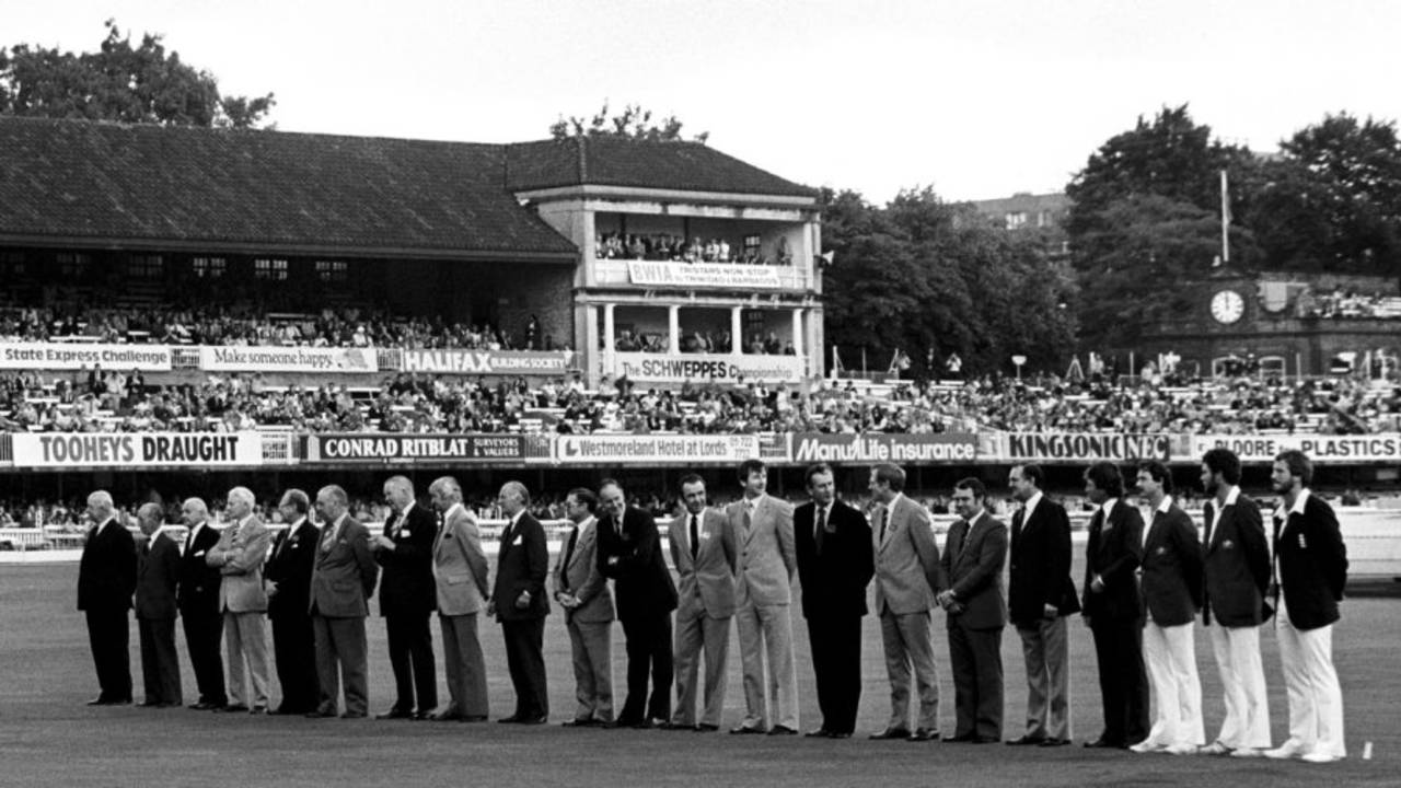 Former and current captains of England and Australia line up. From left:  Bob Wyatt, Lindsay Hassett, Gubby Allen, Cyril Walters, Arthur Morris, Norman Yardley, Freddie Brown, Richie Benaud, Len Hutton, Neil Harvey, Peter May, Bob Simpson, Bill Lawry, Ted Dexter, Mike Smith, Barry Jarman, Tom Graveney, Ian Chappell, Graham Yallop, Greg Chappell and Ian Botham, England v Australia, Centenary Test, Lord's, 3rd day, August 30,  1980
