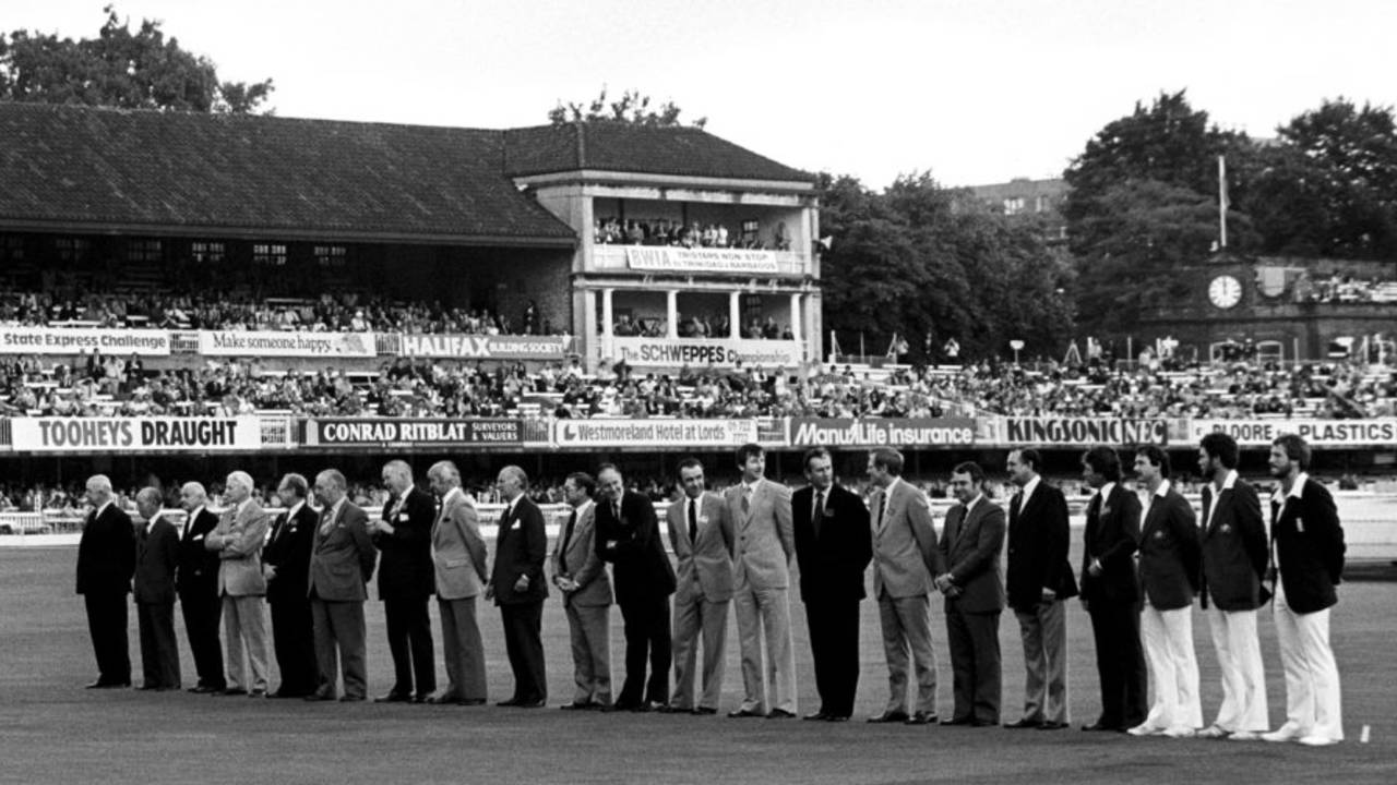 Former and current captains of England and Australia line up. From left:  Bob Wyatt, Lindsay Hassett, Gubby Allen, Cyril Walters, Arthur Morris, Norman Yardley, Freddie Brown, Richie Benaud, Len Hutton, Neil Harvey, Peter May, Bob Simpson, Bill Lawry, Ted Dexter, Mike Smith, Barry Jarman, Tom Graveney, Ian Chappell, Graham Yallop, Greg Chappell and Ian Botham, England v Australia, Centenary Test, Lord's, 3rd day, August 30,  1980
